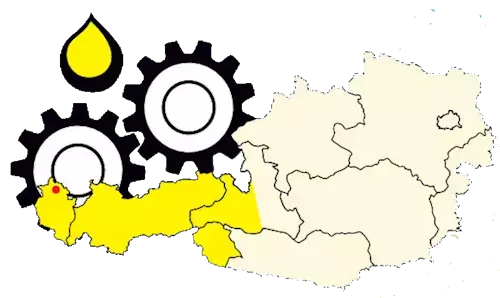 Österreichkarte mit Köb Schmierstoffe Zahnrad-Logo, Liefergebiet Vorarlberg und Tirol hervorgehoben